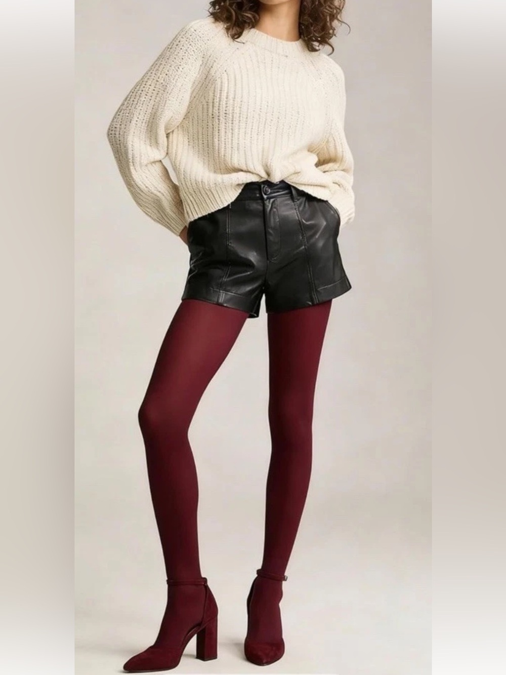 Sz Large Women 80D Soft Semi Opaque Tights, High Waist Solid Wine Red 140-190lb